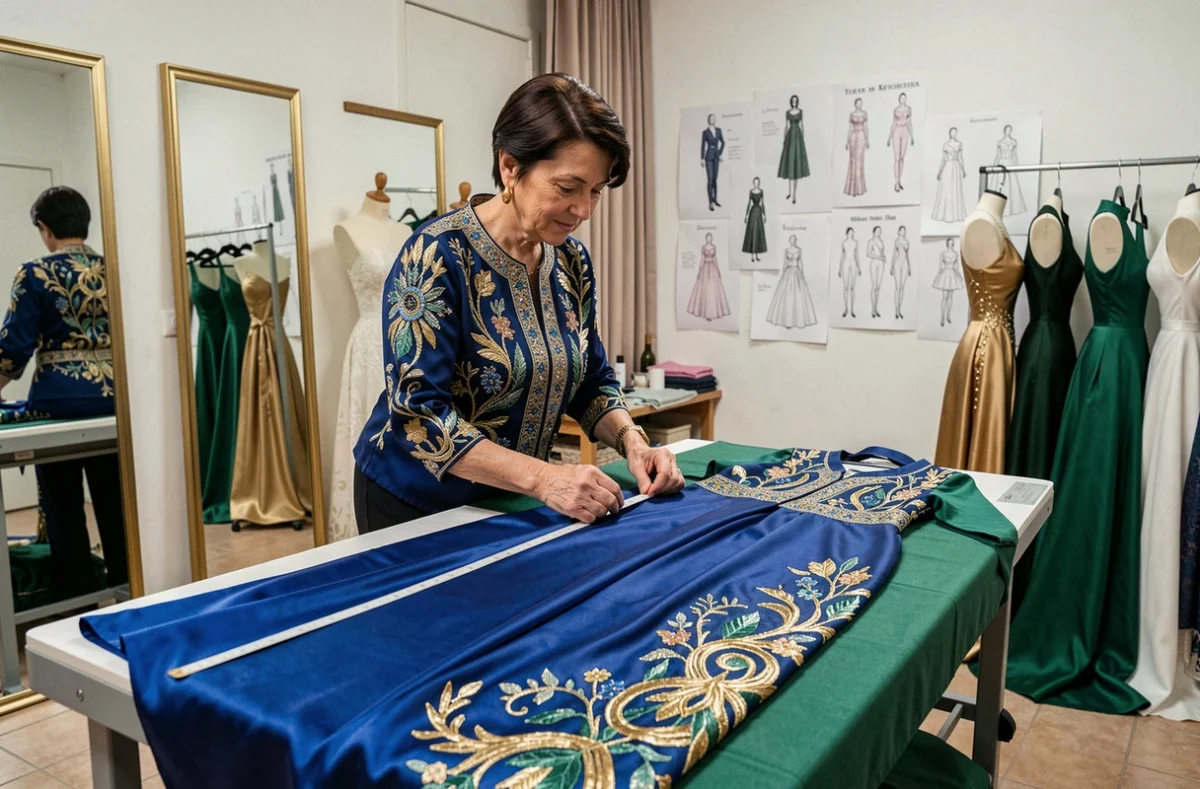 Kawther Haute-Couture à Toulon mesurant une robe du soir en soie luxueuse dans son atelier de haute couture