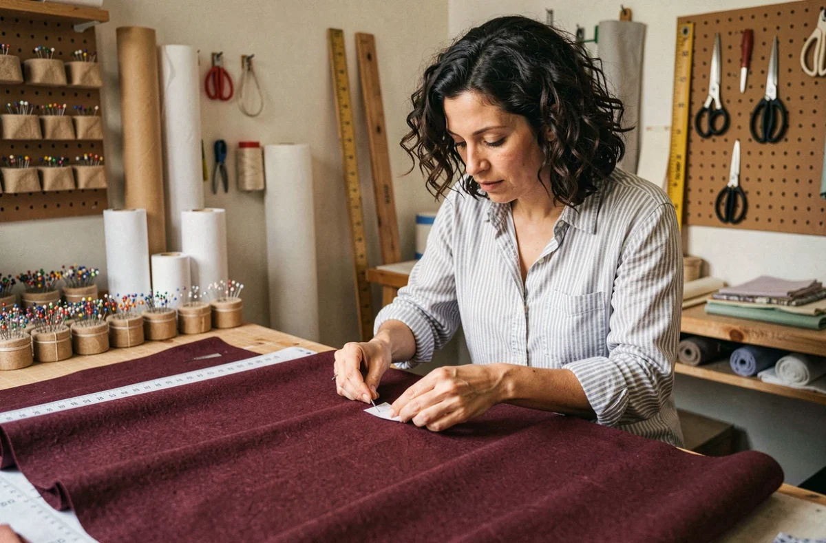 Couturière de La Petite Épingle à Manosque épinglant un patron sur du tissu en laine bordeaux sur une grande table de coupe