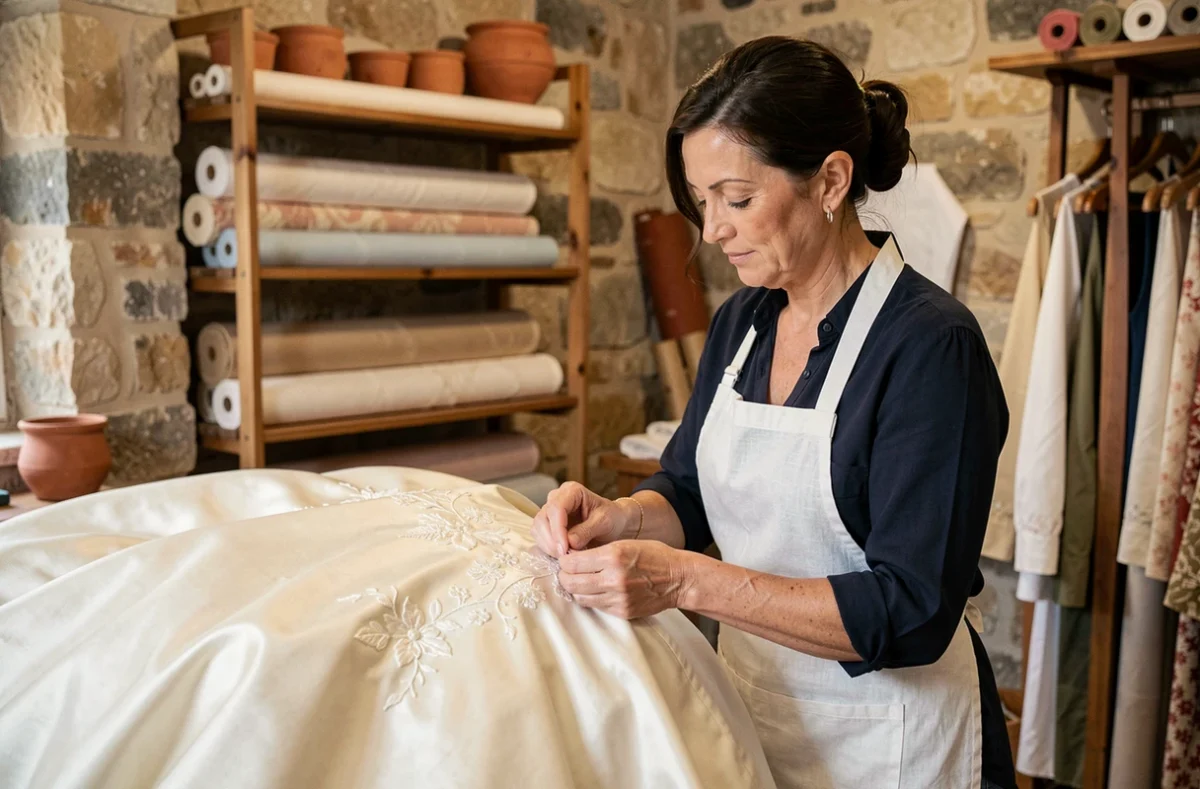Couturière de Saint-Maximin-la-Sainte-Baume cousant à la main les détails d'une robe de mariée en soie ivoire