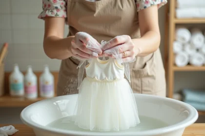 Femme lavant délicatement une robe de fête bébé à la main dans une bassine d'eau savonneuse