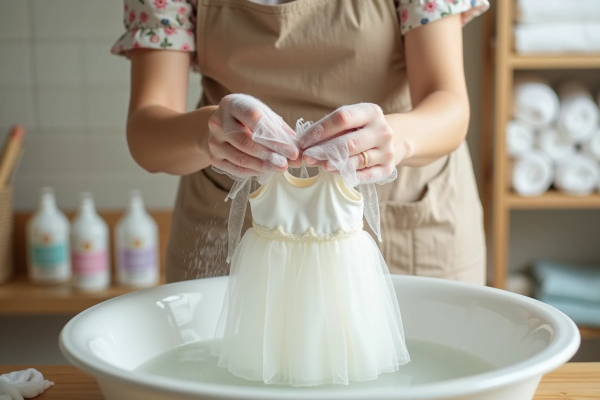 Femme lavant délicatement une robe de fête bébé à la main dans une bassine d'eau savonneuse
