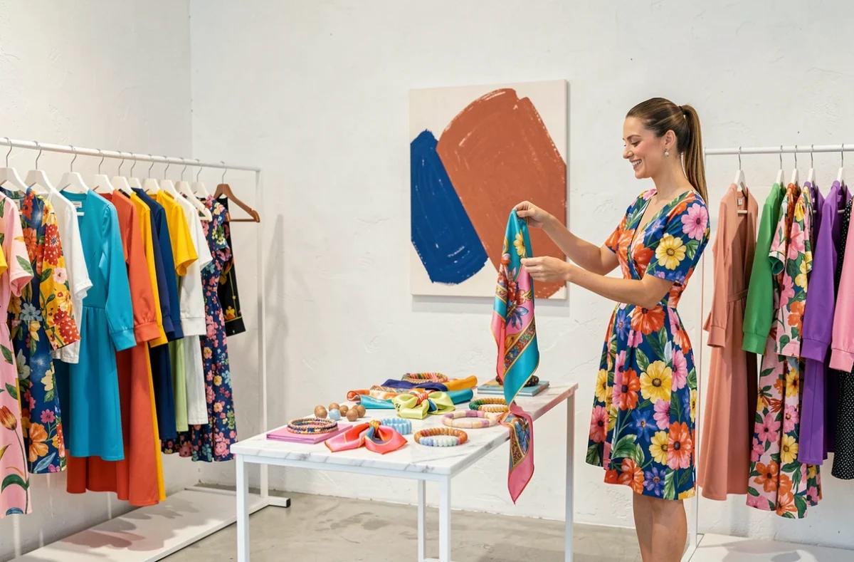 Intérieur du concept store Layonn Style avec des vêtements féminins colorés, foulards en soie et bijoux en résine sur fond de mur blanchi à la chaux