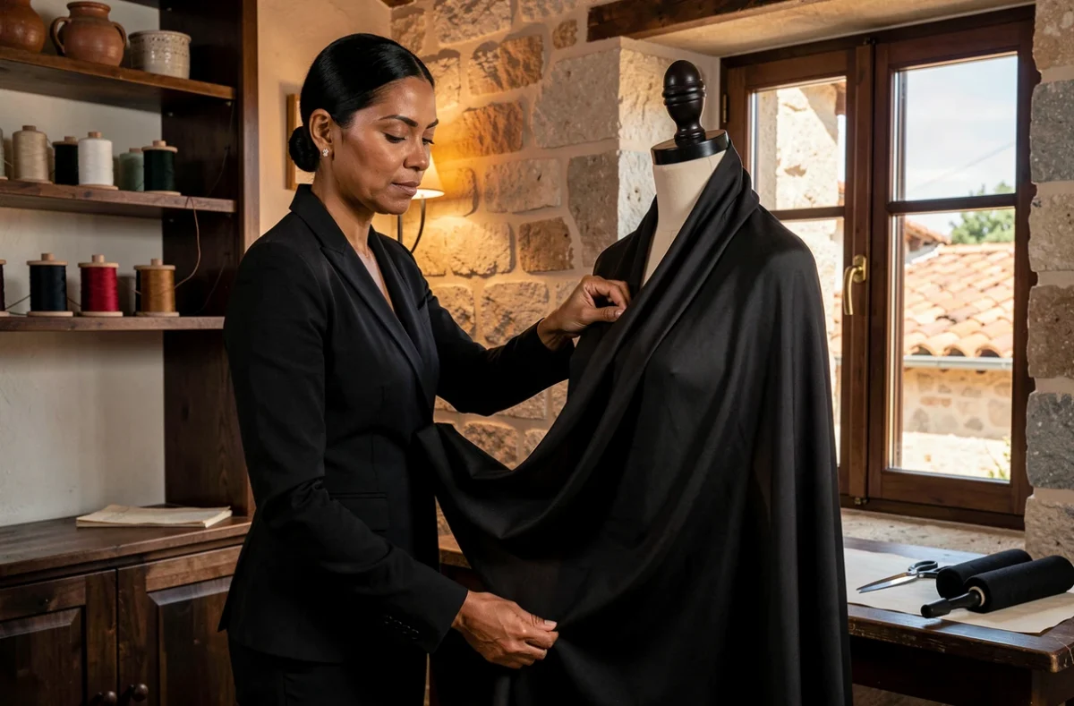 Couturière du Bouton Noir à Gassin drapant un crêpe noir sur un mannequin dans un atelier au charme provençal