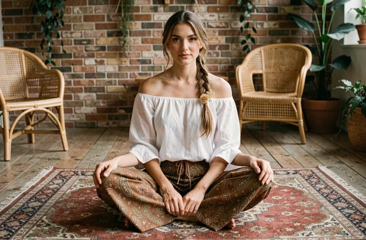 Femme en pantalon palazzo imprimé cachemire et blouse blanche dans un intérieur bohème avec tapis persan