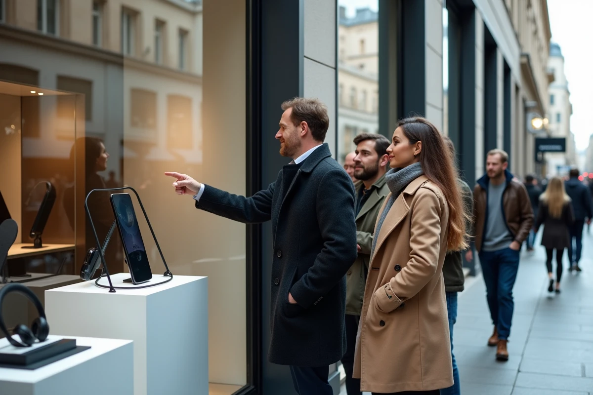 Vitrine d'un magasin high-tech sur les Champs-Élysées avec des clients découvrant des appareils électroniques