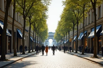 Avenue des Champs-Élysées avec boutiques de luxe et passants élégants, vue large vers l'Arc de Triomphe