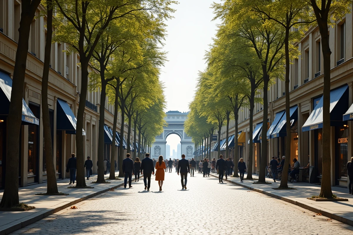 Avenue des Champs-Élysées avec boutiques de luxe et passants élégants, vue large vers l'Arc de Triomphe
