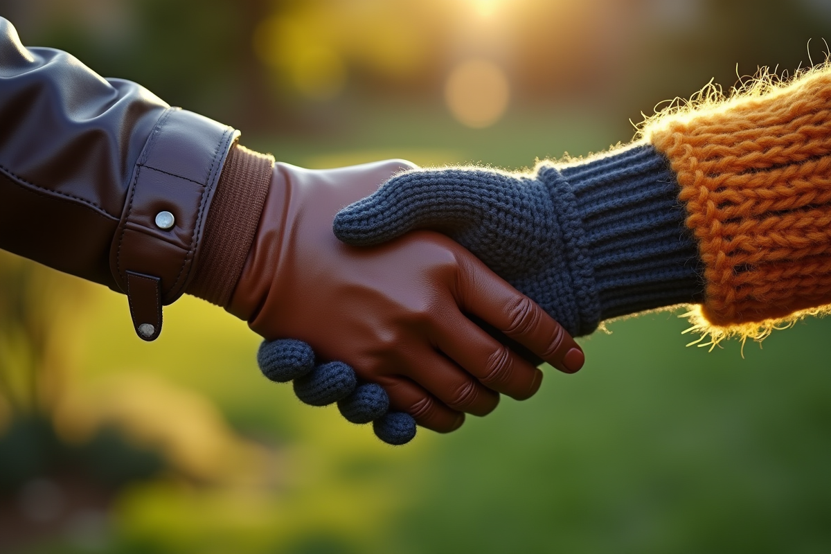 Mains portant gants en cuir et laine dans un jardin en plein air