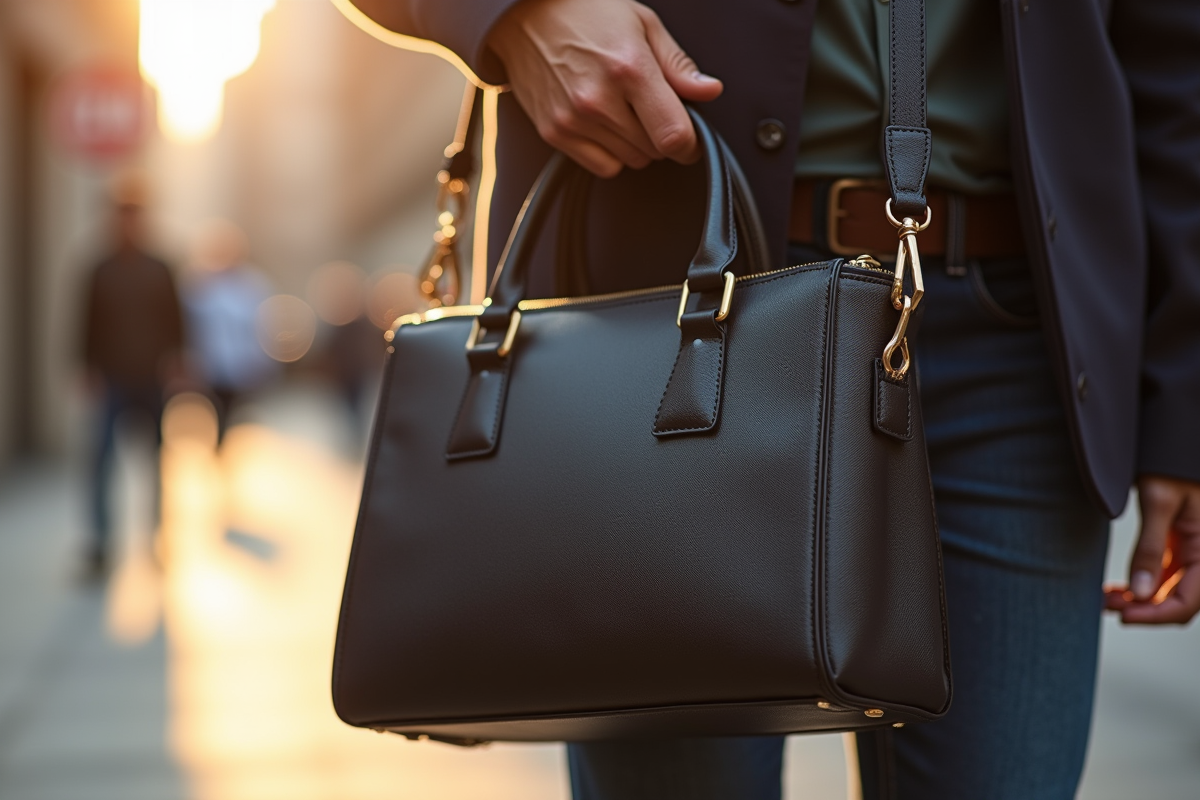 Mains tenant un sac à bandoulière en milieu urbain ensoleille