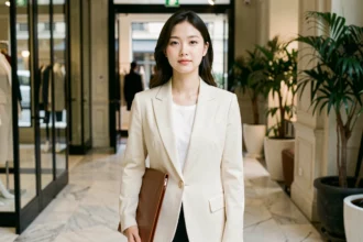 Jeune mannequin coréenne en blazer crème tenant un portfolio dans le hall d'une agence de mode parisienne