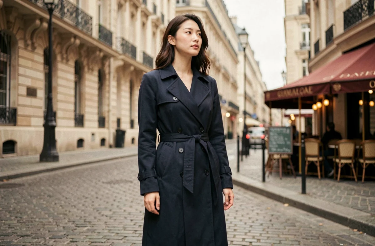 Mannequin coréenne portant un trench-coat bleu marine d'une marque française dans une rue pavée parisienne