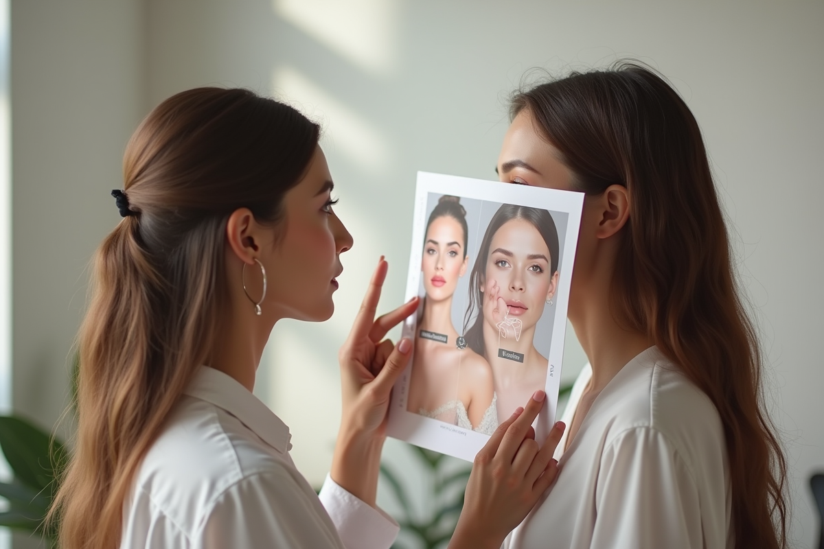 Maquilleuse montrant un schéma de visage à une jeune femme dans un studio lumineux