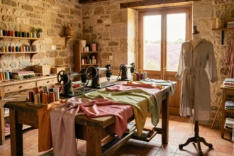 Atelier de couture artisanal en Provence avec machines à coudre vintage, tissus colorés et murs en pierre