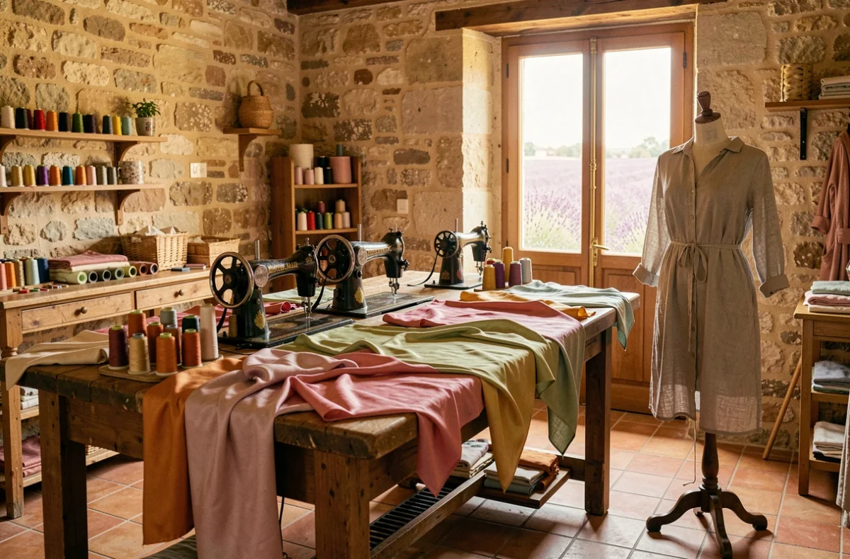 Atelier de couture artisanal en Provence avec machines à coudre vintage, tissus colorés et murs en pierre
