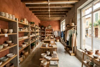 Intérieur d'un concept store tendance en Occitanie avec des étagères de produits artisanaux, mode et art de vivre dans un espace aux murs en béton et en terre cuite