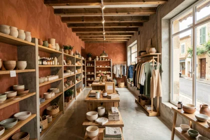 Intérieur d'un concept store tendance en Occitanie avec des étagères de produits artisanaux, mode et art de vivre dans un espace aux murs en béton et en terre cuite