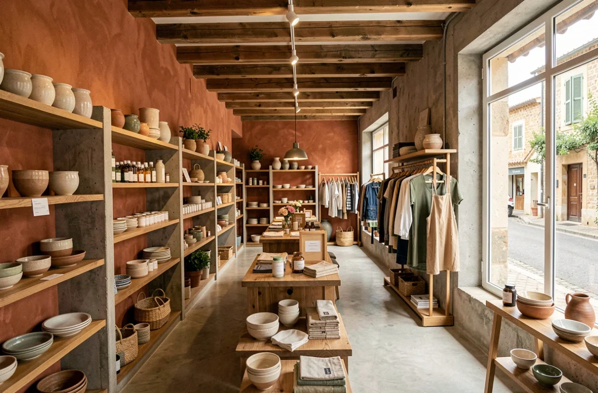Intérieur d'un concept store tendance en Occitanie avec des étagères de produits artisanaux, mode et art de vivre dans un espace aux murs en béton et en terre cuite