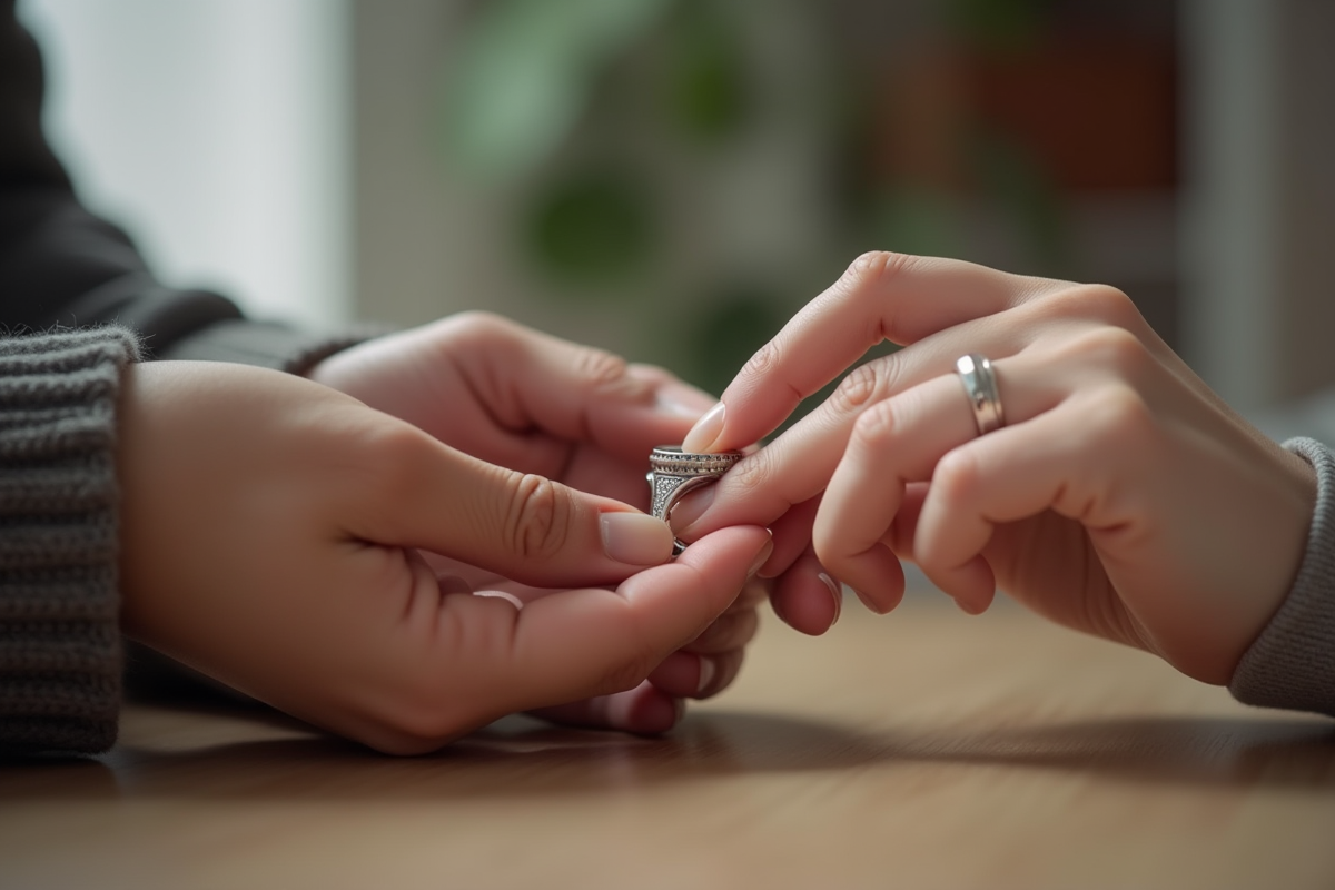 Deux mains mesurant un doigt avec un anneau de mesure en intérieur