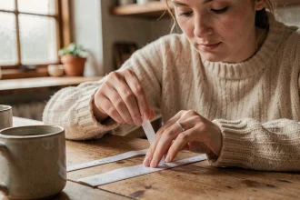 Femme mesurant son tour de doigt avec une bande de papier et une règle sur une table en bois, portant un pull en laine dans une cuisine chaleureuse