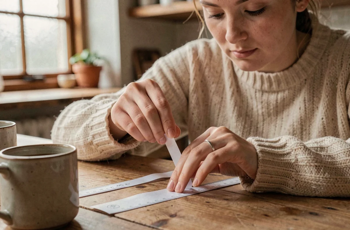 Femme mesurant son tour de doigt avec une bande de papier et une règle sur une table en bois, portant un pull en laine dans une cuisine chaleureuse