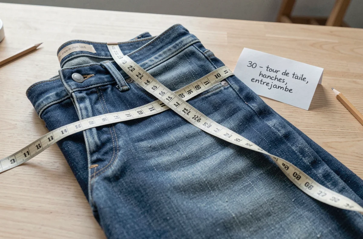 Gros plan d'un jean taille 30 avec mètre ruban mesurant le tour de taille et l'entrejambe