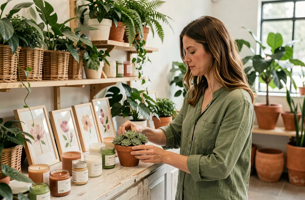 Intérieur de Mina Flora concept store avec plantes en pot luxuriantes, bougies artisanales, art floral pressé et soins naturels sur un comptoir en bois blanchi