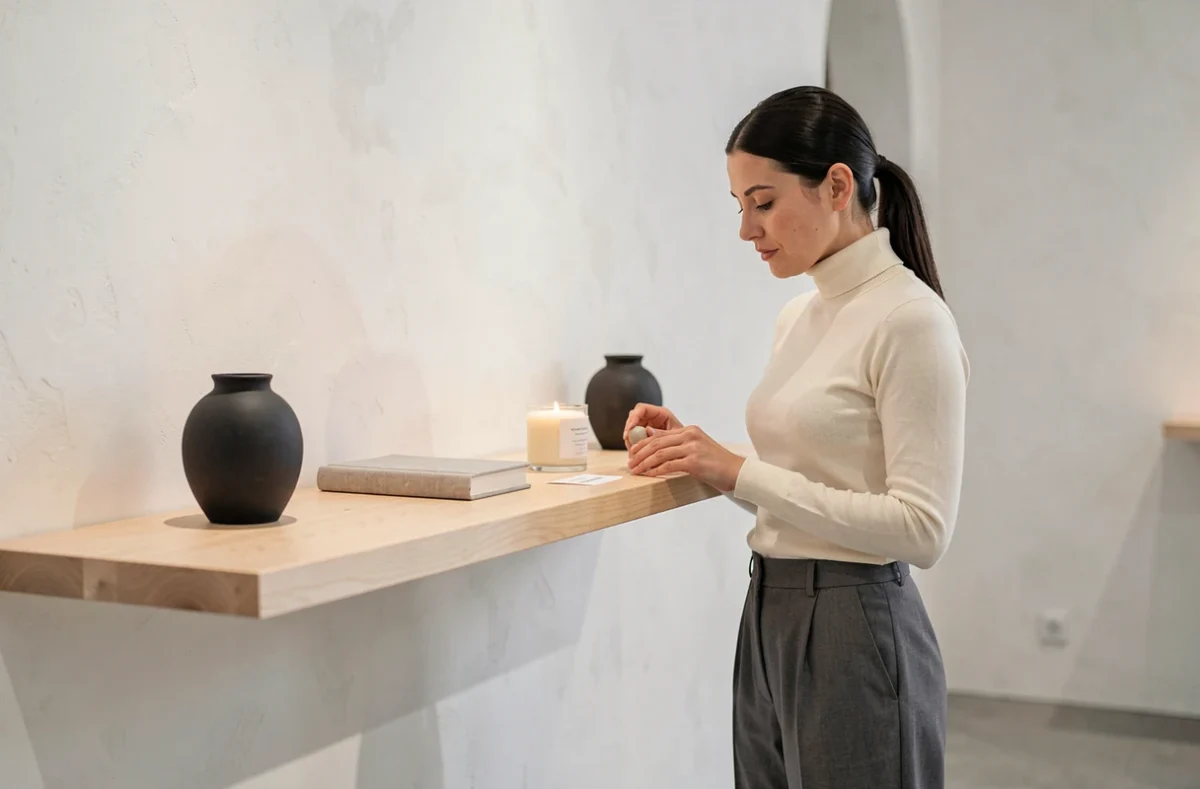 Intérieur épuré de Minima concept store avec mur en plâtre blanc, étagère en frêne et objets artisanaux soigneusement espacés dans une esthétique minimaliste