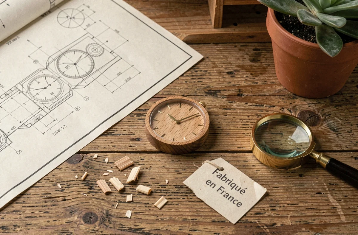 Montre en bois fabriquée en France posée sur une table en chêne avec étiquette artisanale