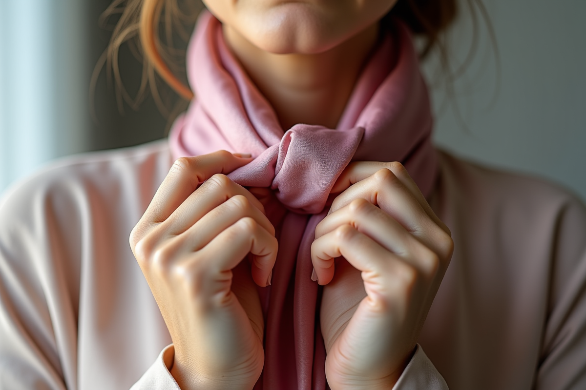 Mains nouant un foulard en soie avec précision