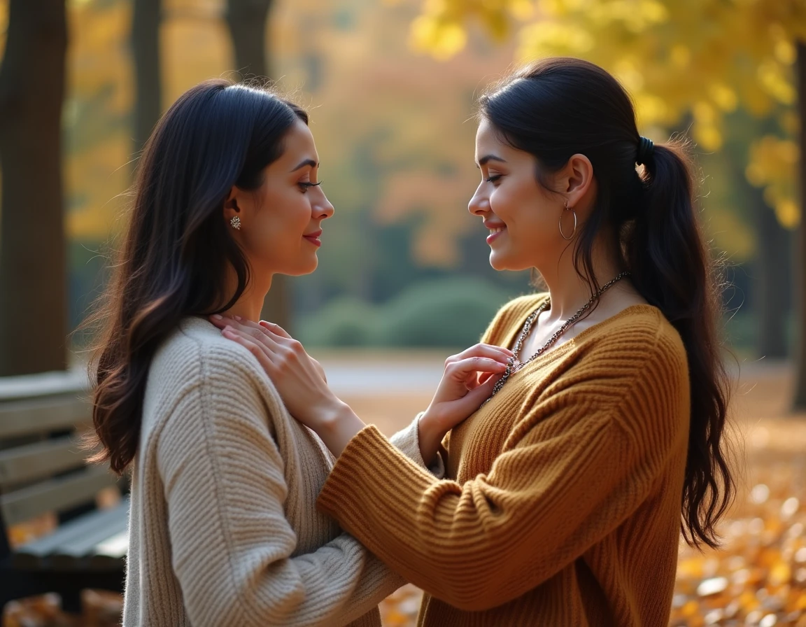 Deux femmes partageant un moment émouvant lors de l'offrande d'un collier croix ankh dans un parc en automne