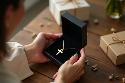Femme offrant un collier croix ankh dorée dans un écrin de velours noir, symbolisant un cadeau spirituel et symbolique