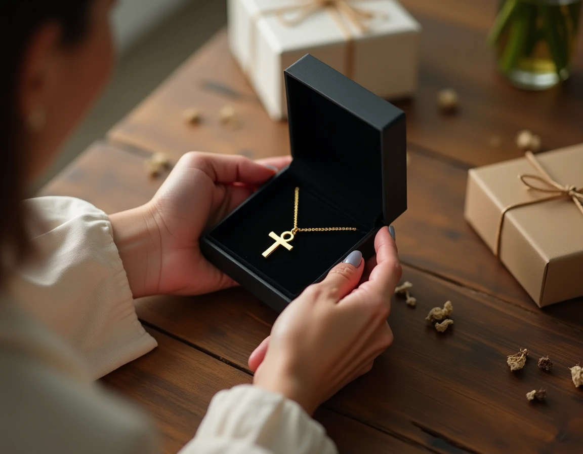 Femme offrant un collier croix ankh dorée dans un écrin de velours noir, symbolisant un cadeau spirituel et symbolique
