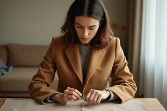 Femme ouvrant la poche cousue d'un manteau camel avec un découd-vite sur une table en bois