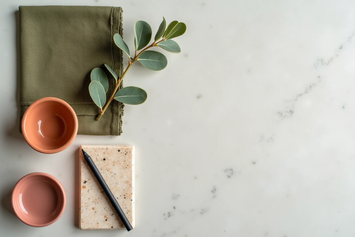 Planche de couleurs minimaliste associant le vert kaki avec du beige sable, rose poudré et gris anthracite sur fond pierre