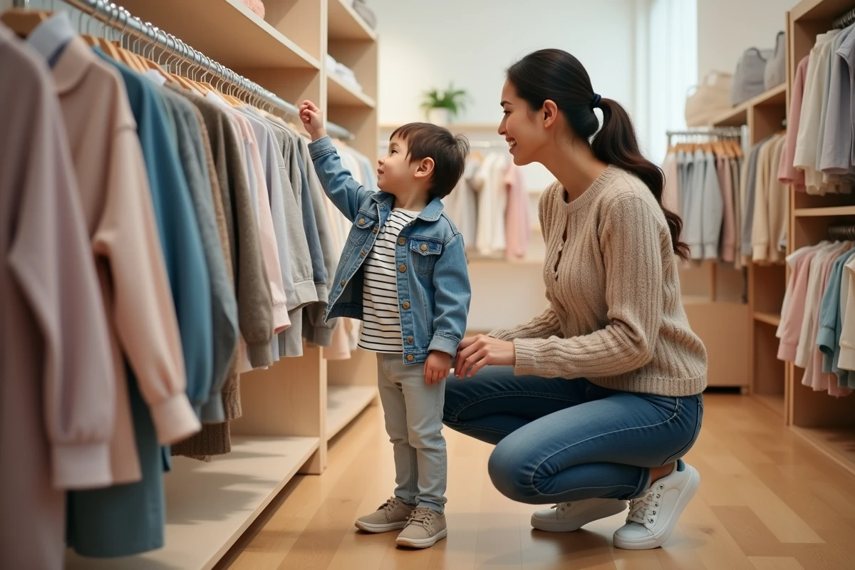 Parent et enfant en bas âge choisissant des vêtements taille 116 dans une boutique pour enfants