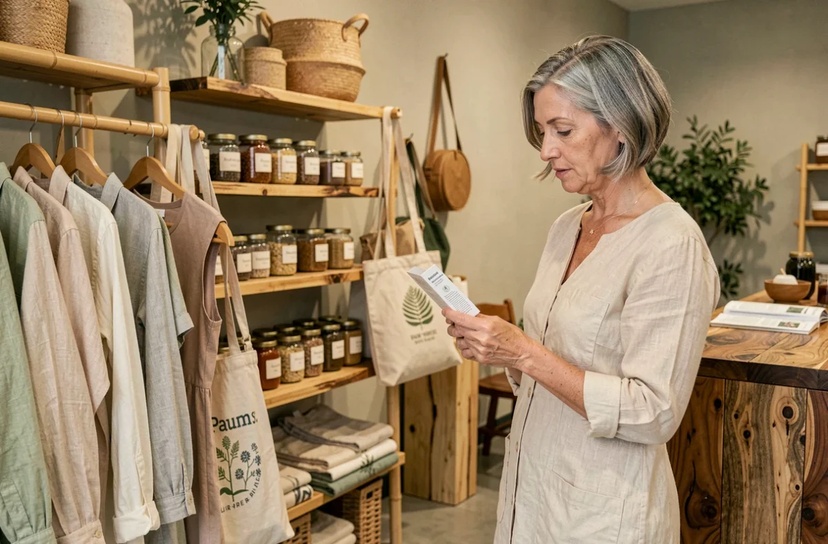 Intérieur de Paum's 34 concept store éthique avec vêtements en fibres naturelles non teintes, produits zéro déchet en verre et accessoires équitables sur des étagères en bois recyclé