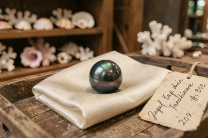 Perle de Tahiti AAA posée sur de la soie naturelle avec étiquette de prix dans une boutique de bijoux polynésienne