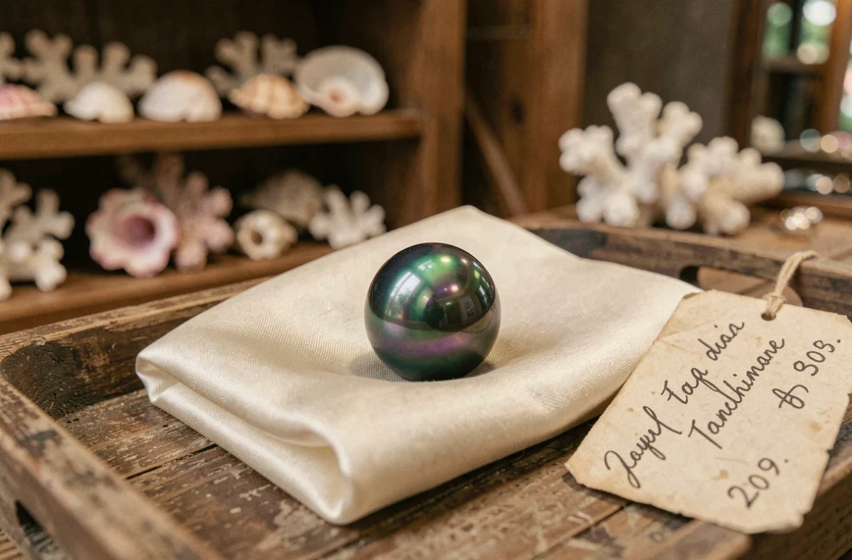 Perle de Tahiti AAA posée sur de la soie naturelle avec étiquette de prix dans une boutique de bijoux polynésienne