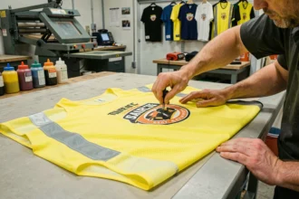 Personnalisation d'un gilet jaune de club sportif avec logo d'équipe appliqué en atelier de sérigraphie professionnelle