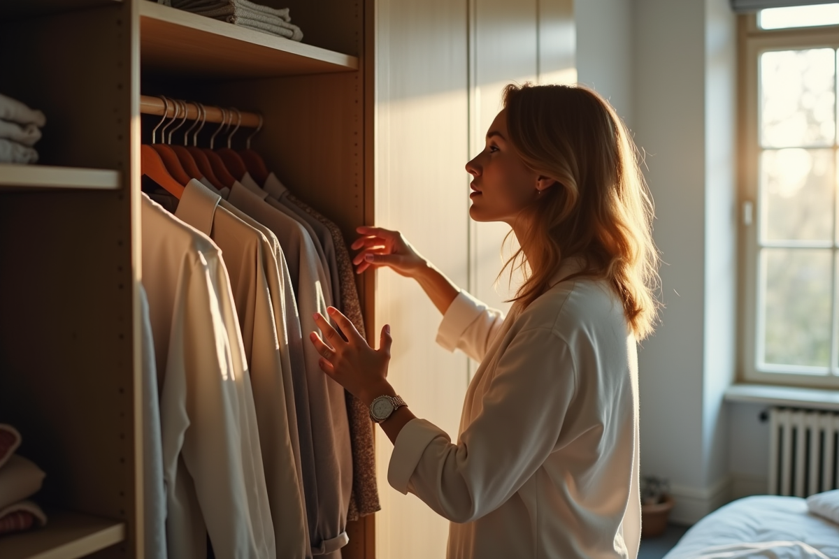 Personne choisissant des vêtements dans une chambre lumineuse
