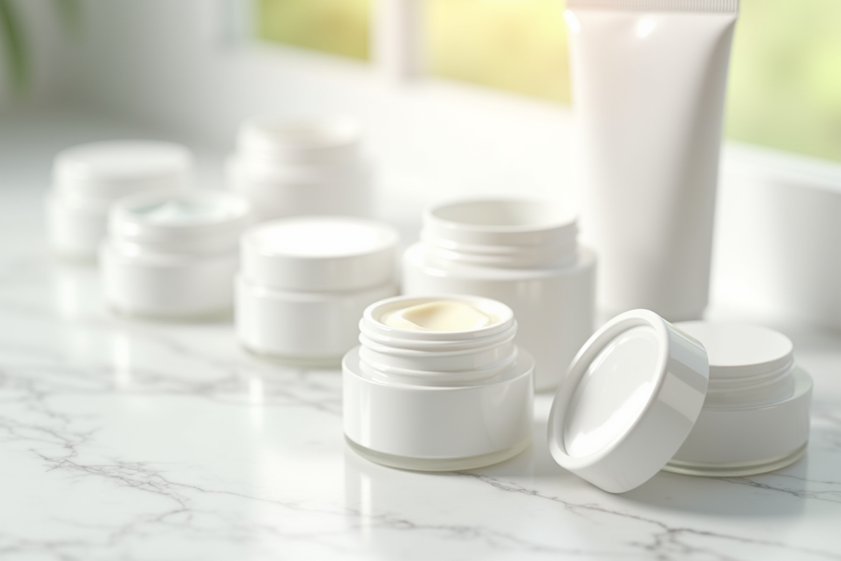 Pots et tubes de creme hydratante sur un plan de travail blanc