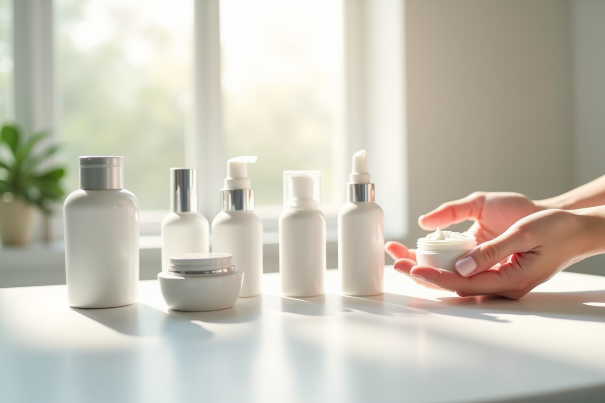 Gamme de produits de soin visage sur un plan blanc lumineux
