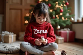 Jeune fille portant un pull de Noël personnalisé rouge avec son prénom brodé, assise sur un plancher en bois entourée de cadeaux et décorations festives