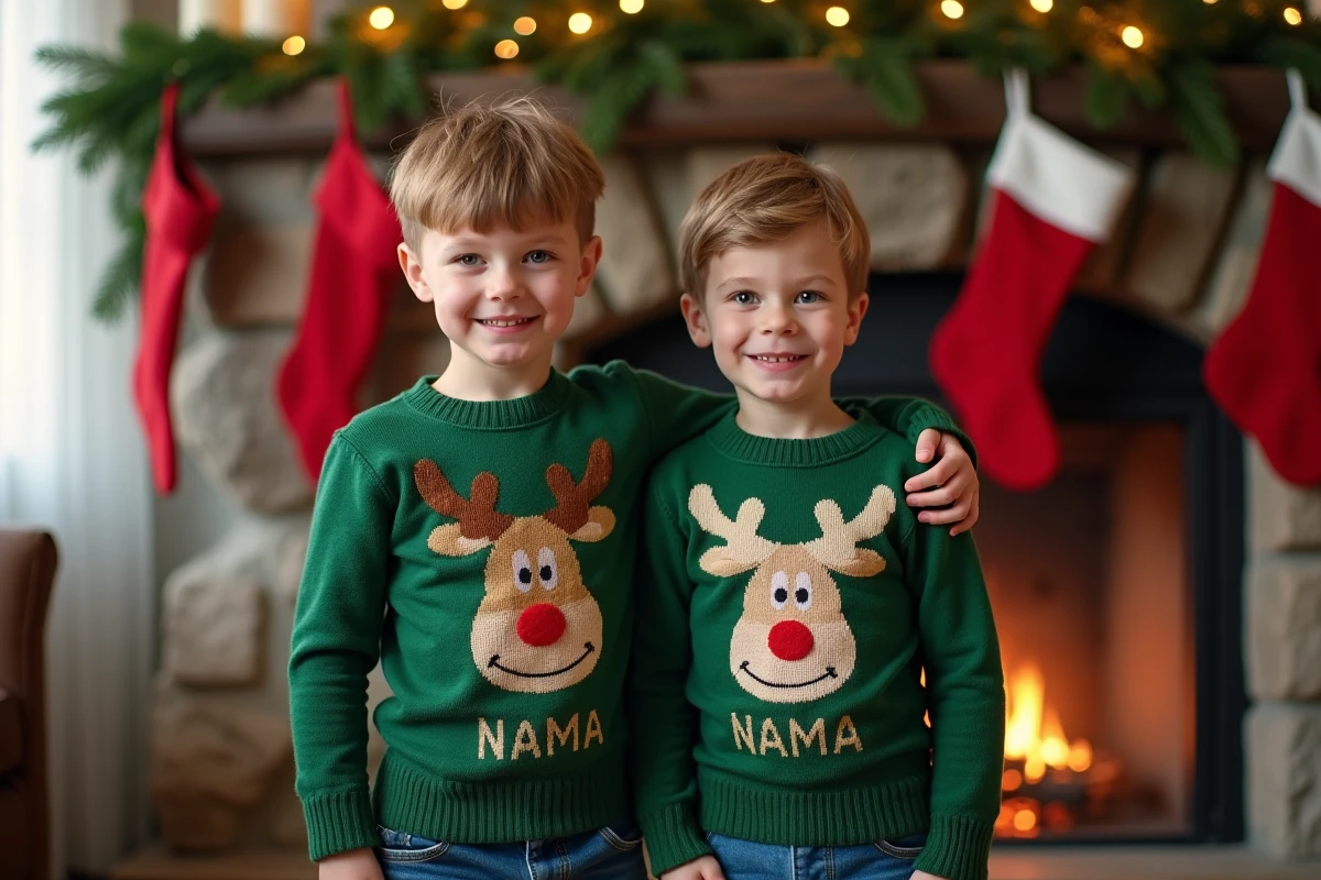Deux frères portant des pulls de Noël verts assortis et personnalisés devant une cheminée en pierre décorée pour les fêtes