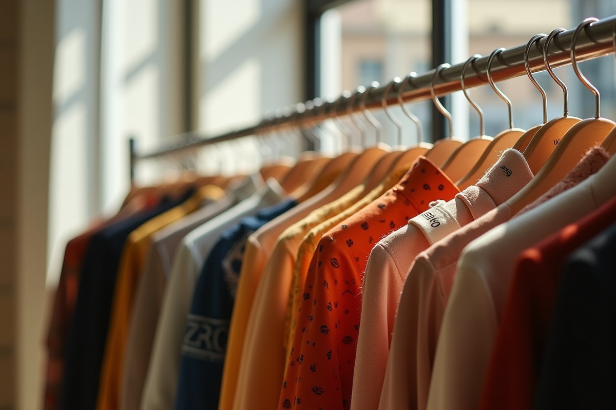 Vêtements Mango et Zara sur un portant dans une boutique lumineuse