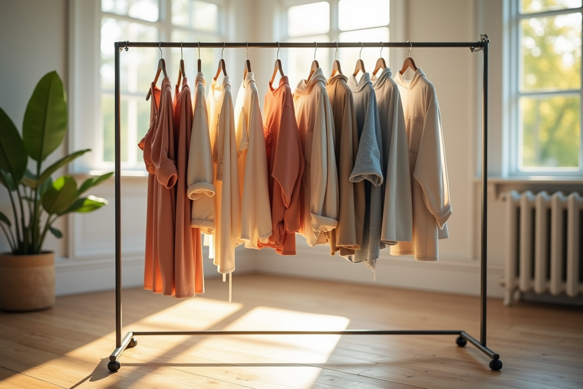 Rayon de vêtements taille S suspendus dans une pièce lumineuse