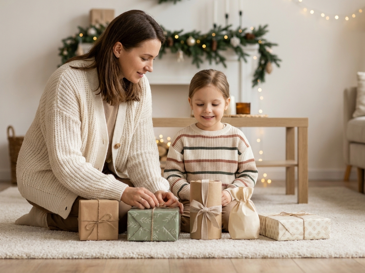 Mère et fillette devant cinq cadeaux soigneusement disposés sur un tapis, illustrant la règle des cinq cadeaux