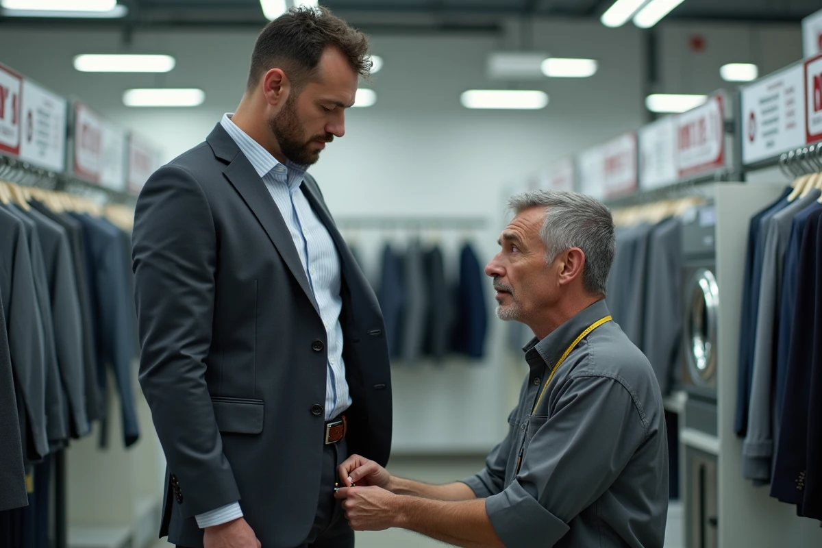 Client et retoucheur en boutique discutant du prix et de la finition d'un ourlet pantalon