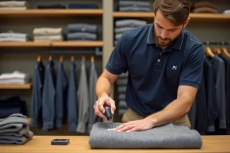 Employé de magasin retirant un antivol de vêtement avec un outil professionnel au comptoir d'une boutique