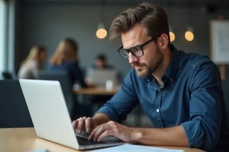 Un professionnel inquiet consulte des documents légaux sur son ordinateur portable dans un bureau moderne, illustrant les risques juridiques liés aux sites de leaks
